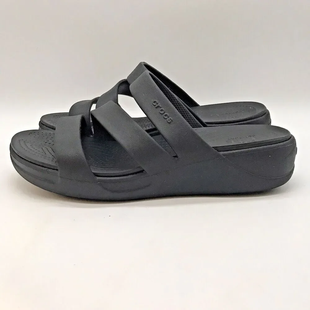 Crocs Monterey Dual Comfort Wedge Sandals Women's 10 Black 206304 Comfort Shoes